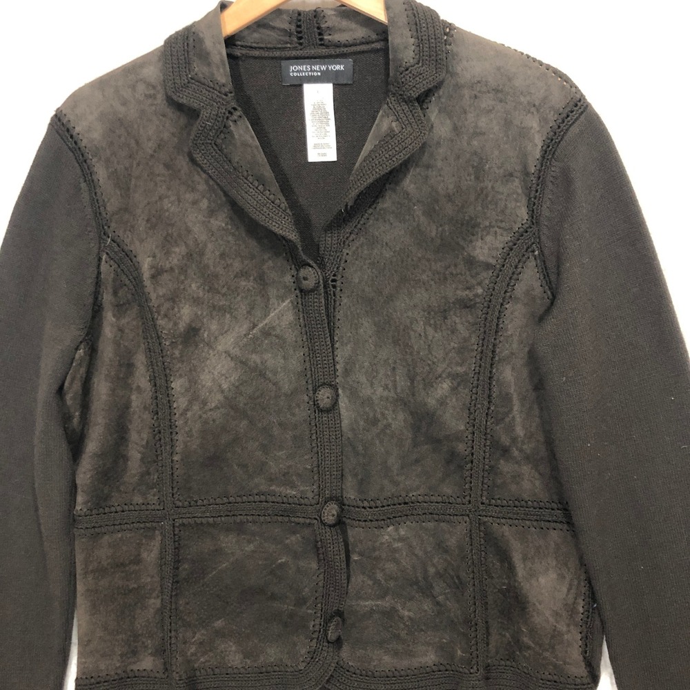 Jones New York Suede Knit Jacket Button Front Cardigan Brown Blazer L